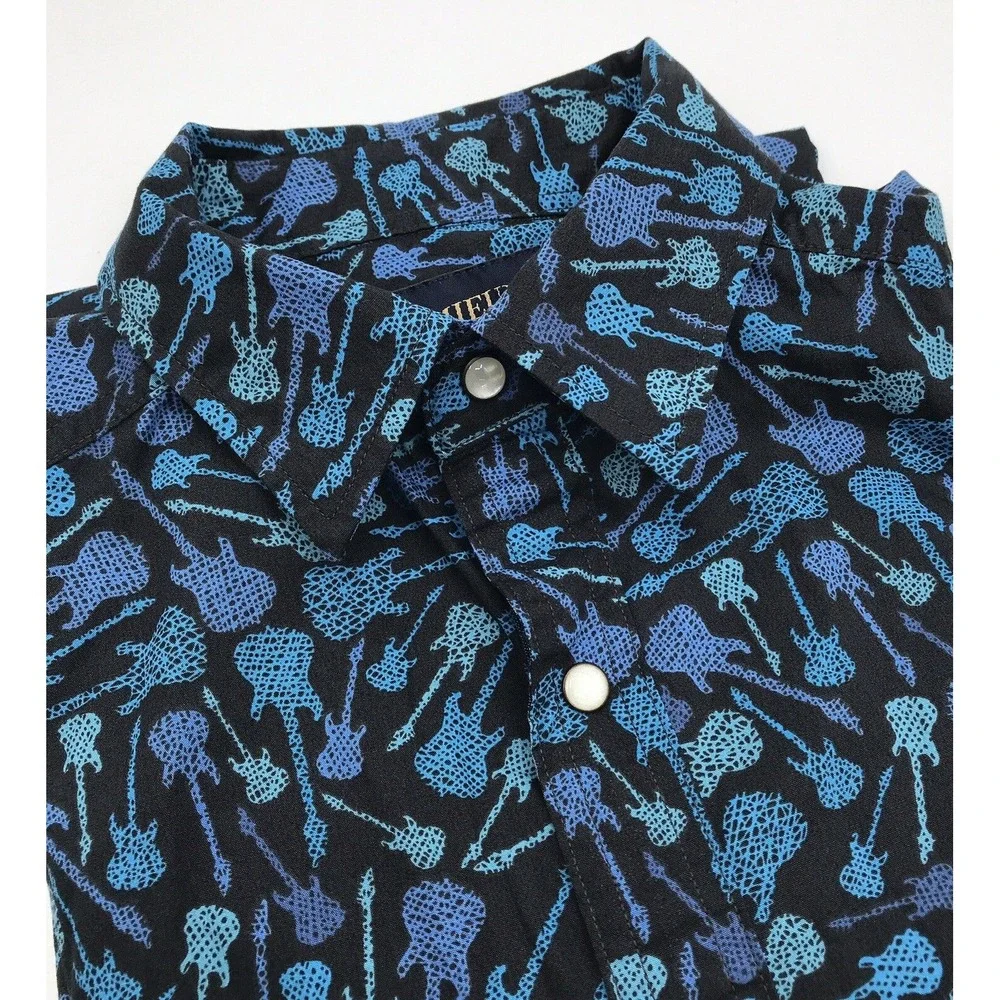 VTG Cremieux Premium Button Shirt Mens SMALL Guitars Black Blue Short Sleeve Y2K